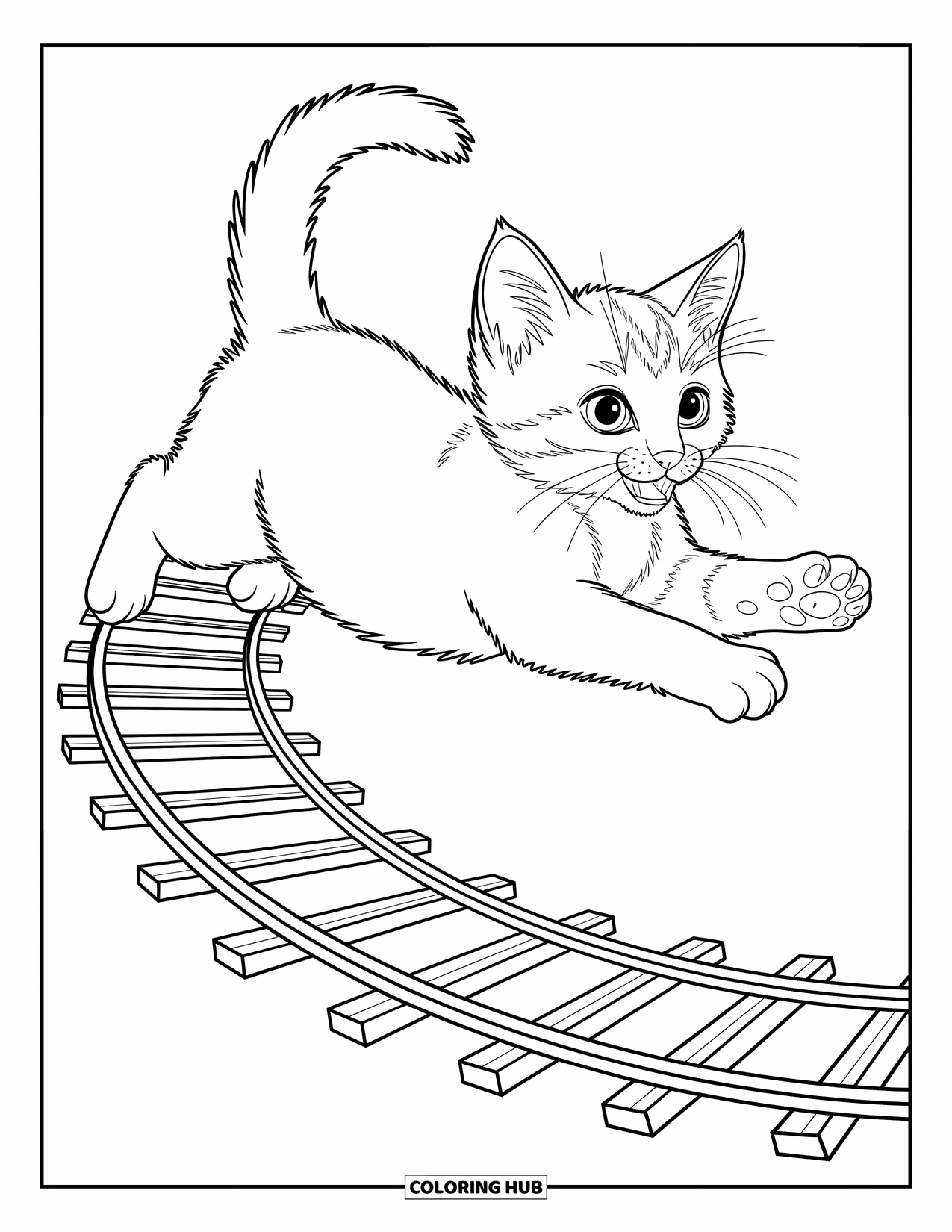 Dibujo de gato para colorear para niños: Un gatito juguetón salta sobre una vía de tren de juguete, con las patas estiradas en el aire por la emoción