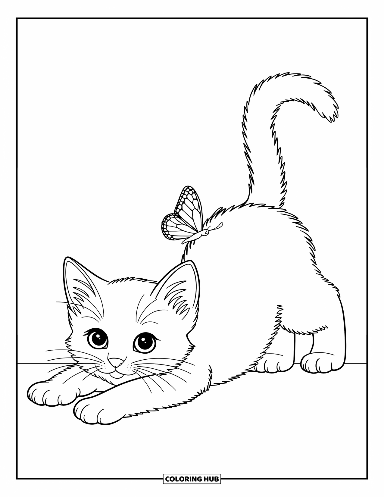 Dibujo de gato para colorear para niños: Un gatito juguetón descansa en una almohada, sus ojos brillan de curiosidad