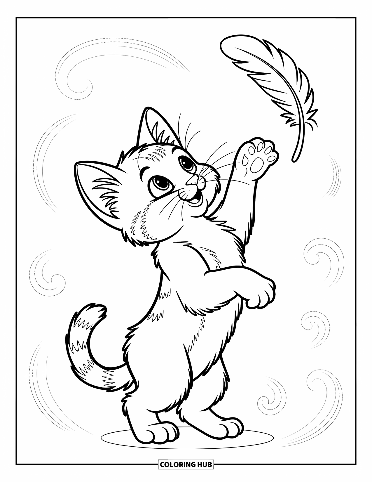 Dibujo de gato para colorear para niños: Un gatito juguetón asoma desde una cesta de la ropa, con los ojos muy abiertos por la curiosidad