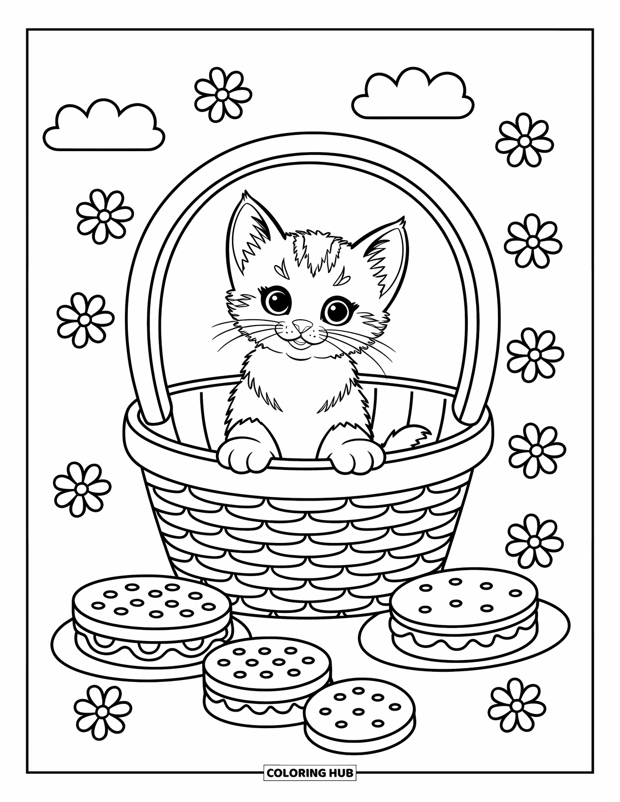 Dibujo de gato para colorear para niños: Un gatito juguetón asoma fuera de una cesta de picnic abierta, rodeado de galletas y fruta fresca