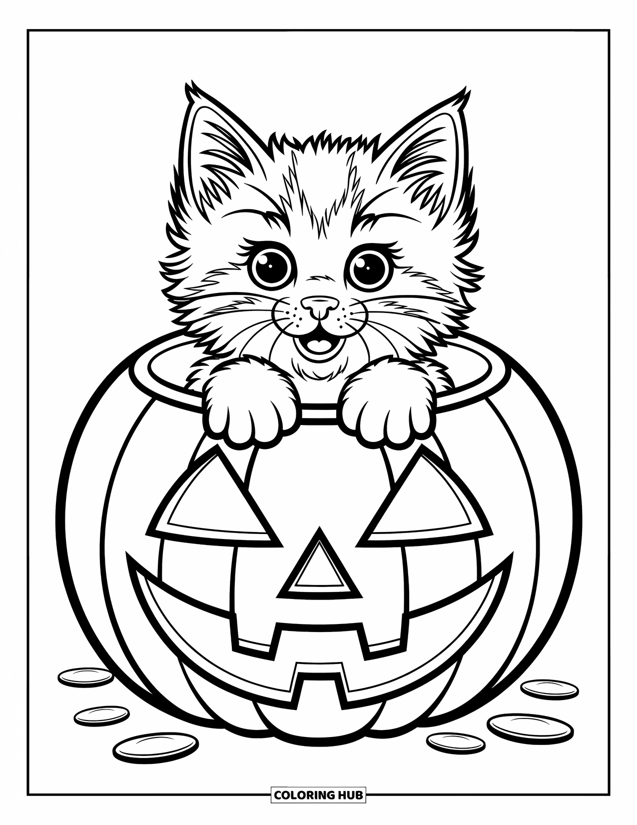 Dibujo de gato para colorear para niños: Un gatito juguetón sale de una calabaza, sus pequeñas patas descansan en el borde