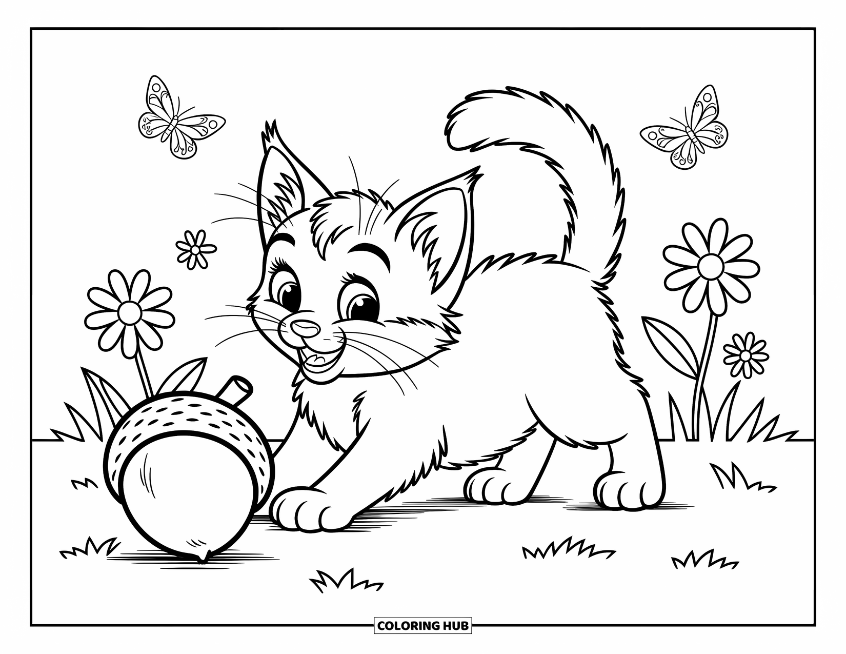 Dibujo de gato para colorear para niños: Un gatito juguetón hace rodar una bellota grande, rodeado de mariposas revoloteando y margaritas delicadas