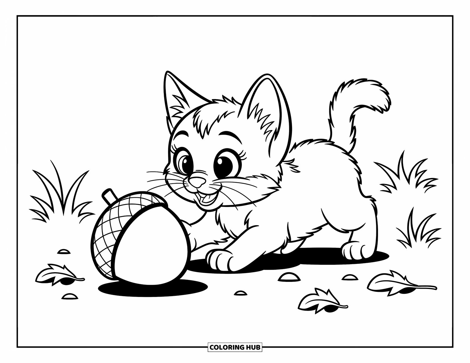 Dibujo de gato para colorear para niños: Un gatito juguetón rueda una bellota grande, rodeado de matas de hierba y hojas de otoño dispersas