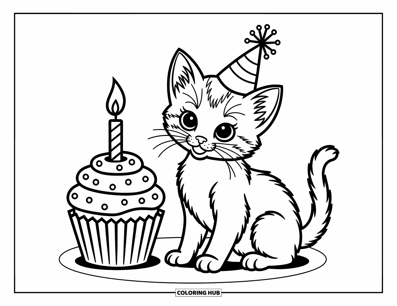 Dibujo de gato para colorear para niños: Un gatito juguetón se sienta junto a un cupcake, con su gorro de fiesta ligeramente inclinado