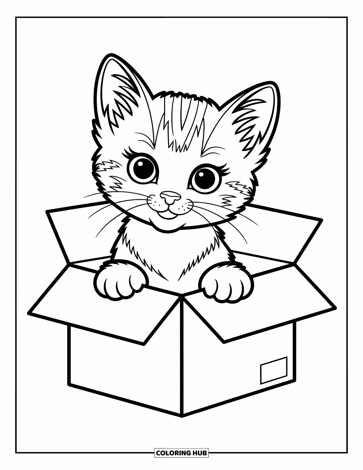 Dibujo de gato para colorear para niños: Un gatito juguetón se sienta en una caja, mirando hacia afuera con una mirada traviesa y curiosa