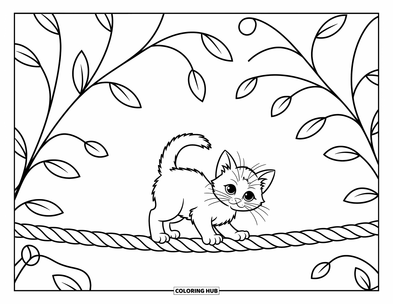 Dibujo de gato para colorear para niños: Un gatito juguetón se tambalea en una cuerda, rodeado de enredaderas arremolinadas y patrones modernos y atractivos