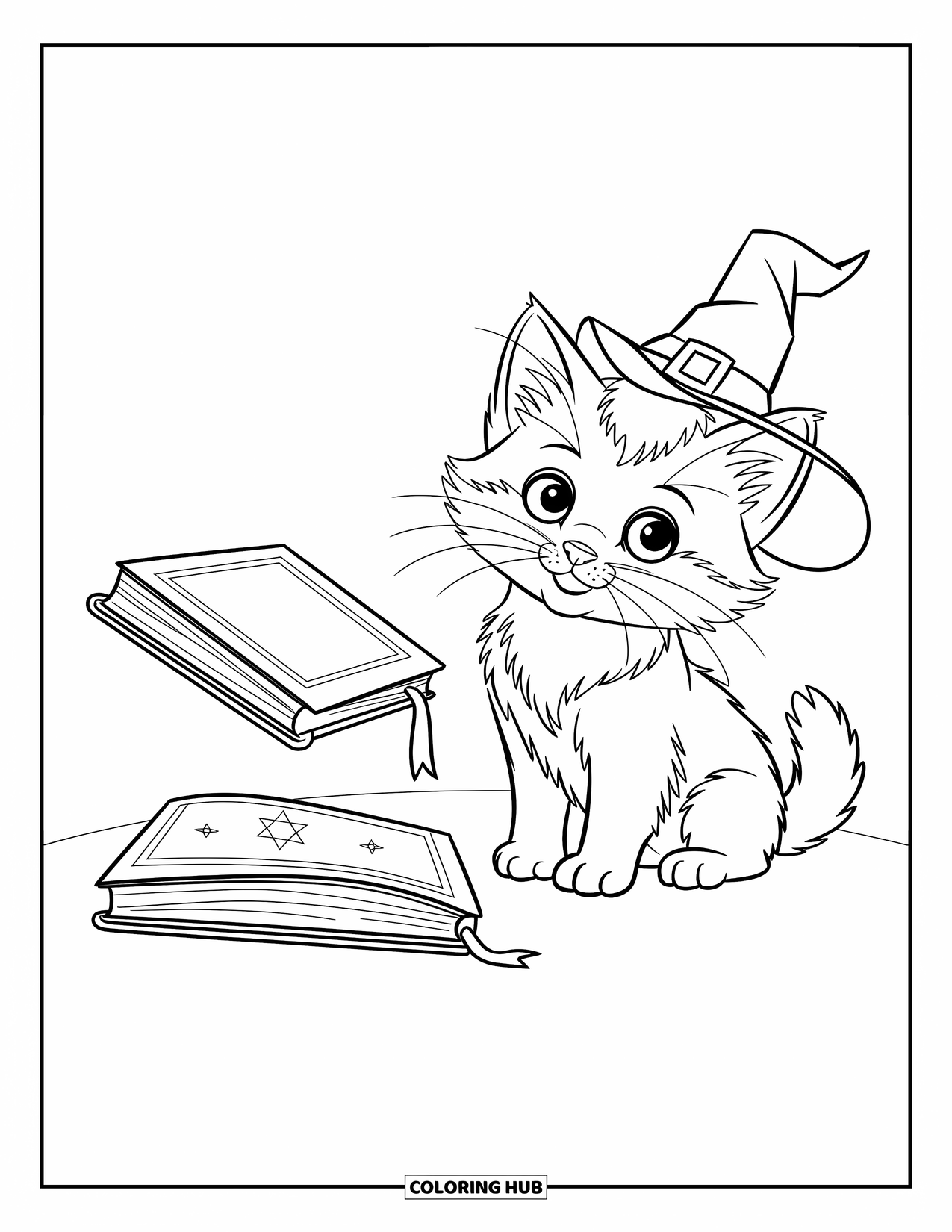 Dibujo de gato para colorear para niños: Un gatito juguetón con un sombrero de mago se sienta junto a un libro flotante, con los ojos llenos de asombro