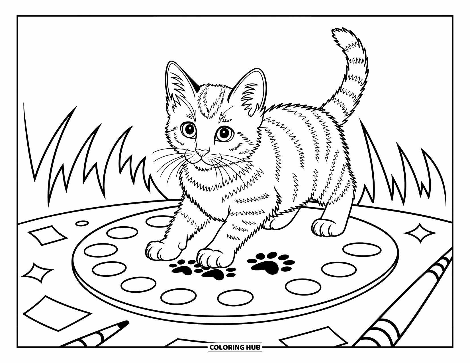 Dibujo de gato para colorear para niños: Un gatito atigrado juguetón pisa la paleta de un artista, dejando pequeñas huellas en su estela