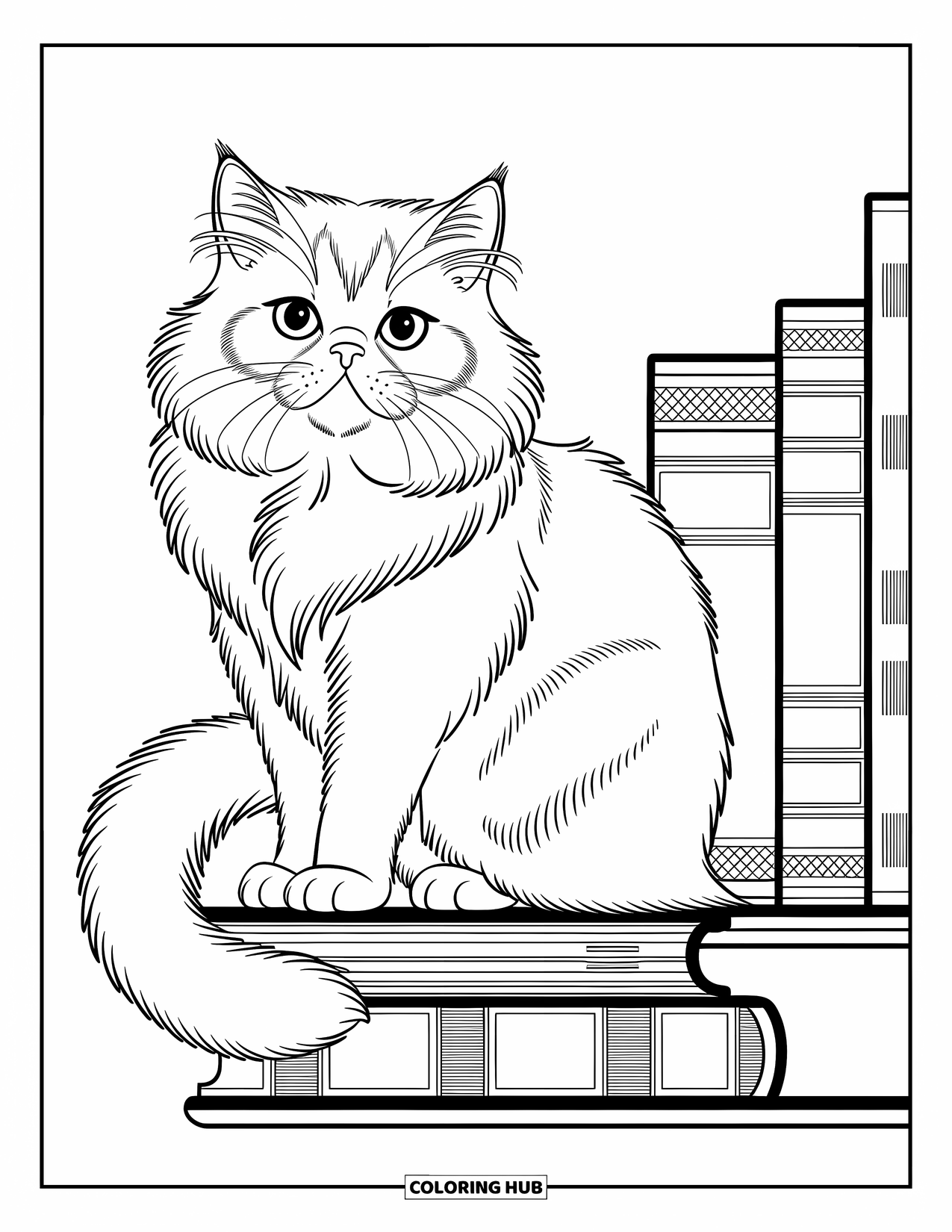 Dibujo de gato para colorear para niños: Un gato majestuoso se posa en una estantería, su cola drapeada sobre libros antiguos en una pose elegante y expresiva