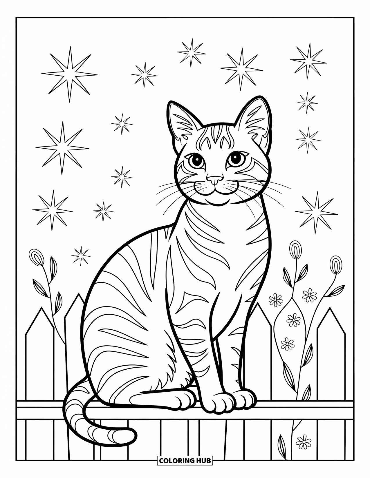 Dibujo de gato para colorear para niños: Un gato majestuoso se sienta en una cerca de madera, enmarcado por estrellas delicadas y patrones celestiales arremolinados y expresivos