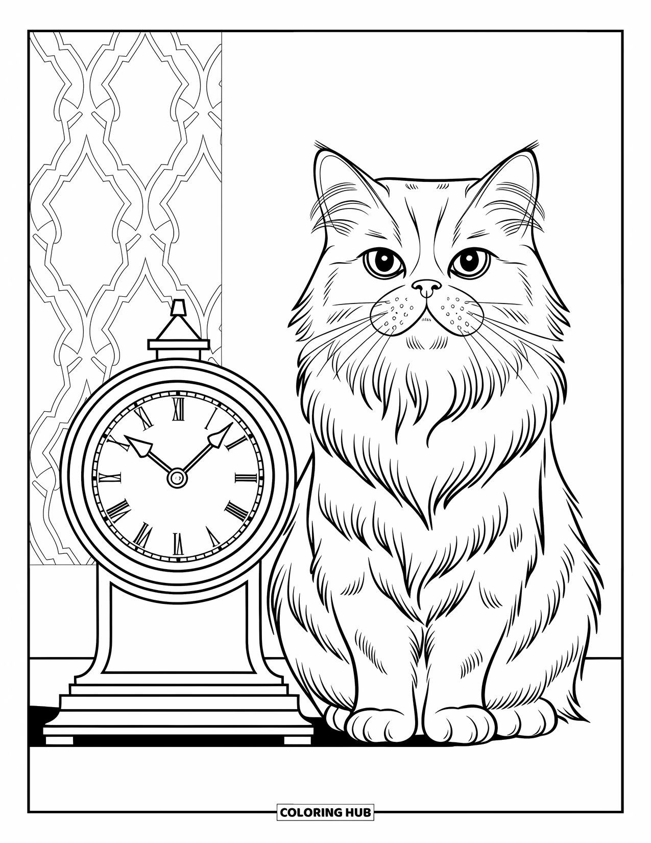 Dibujo de gato para colorear para niños: Un gato persa majestuoso posa junto a un reloj antiguo, rodeado de intrincados patrones arremolinados