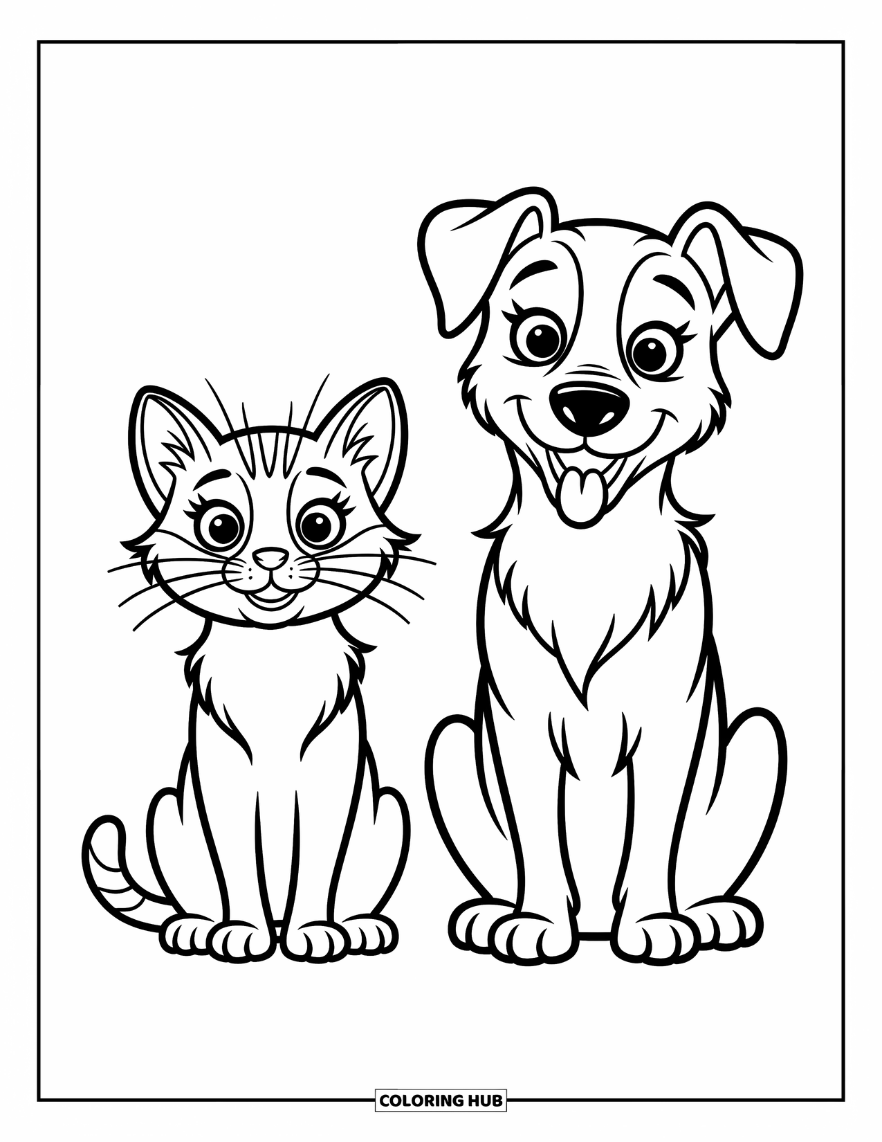 Dibujo de gato para colorear para niños: Un gatito Scottish Fold se sienta junto a una planta, olisqueando las hojas con asombro