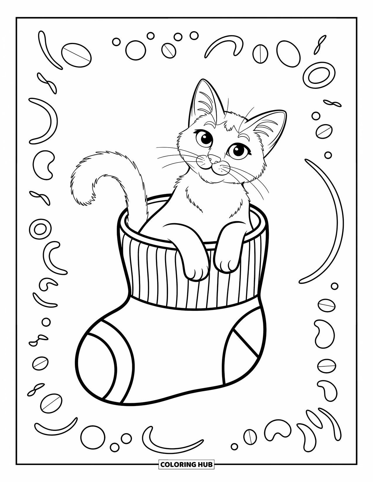 Dibujo de gato para colorear para niños: Un gato siamés se sienta cómodamente dentro de un calcetín grande, con su cola juguetona sobresaliendo en una escena divertida