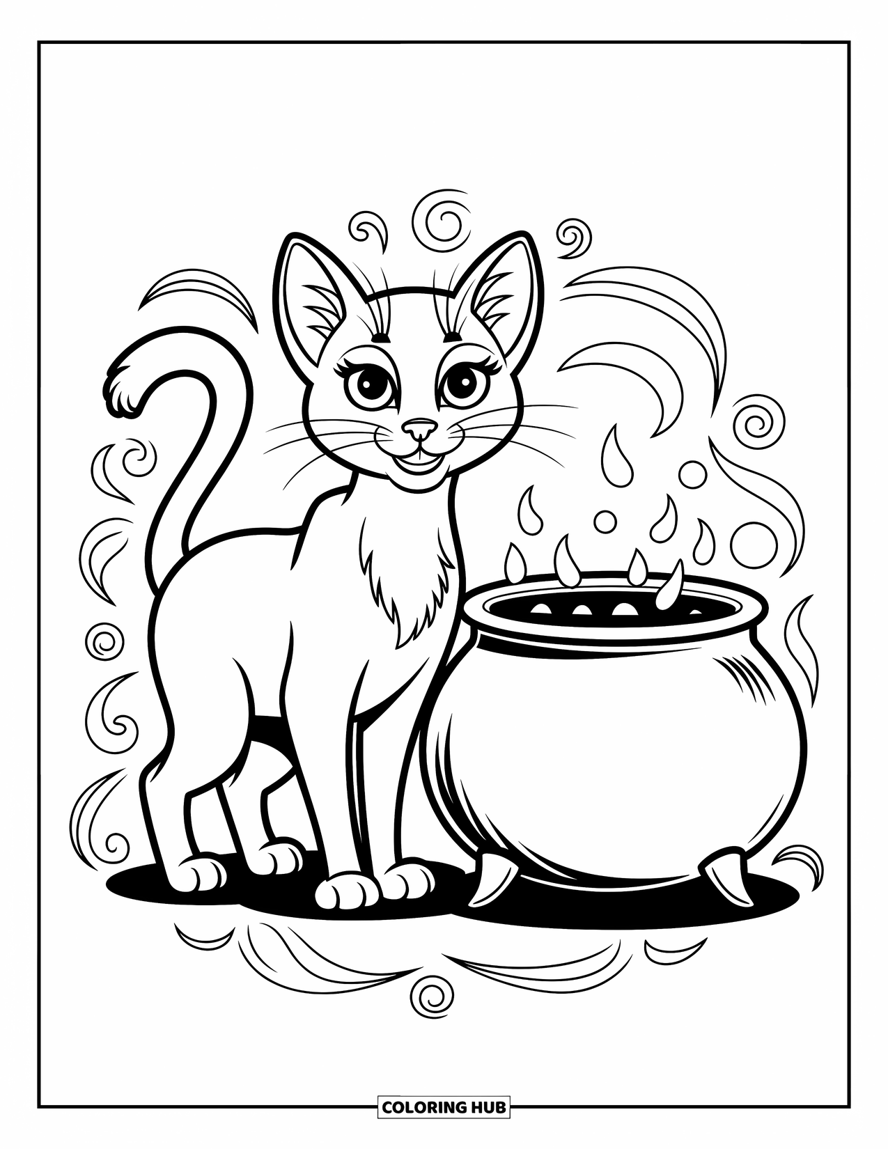 Dibujo de gato para colorear para niños: Un gato elegante se encuentra junto a un caldero, su cola se mueve juguetonamente mientras patrones arremolinados añaden encanto