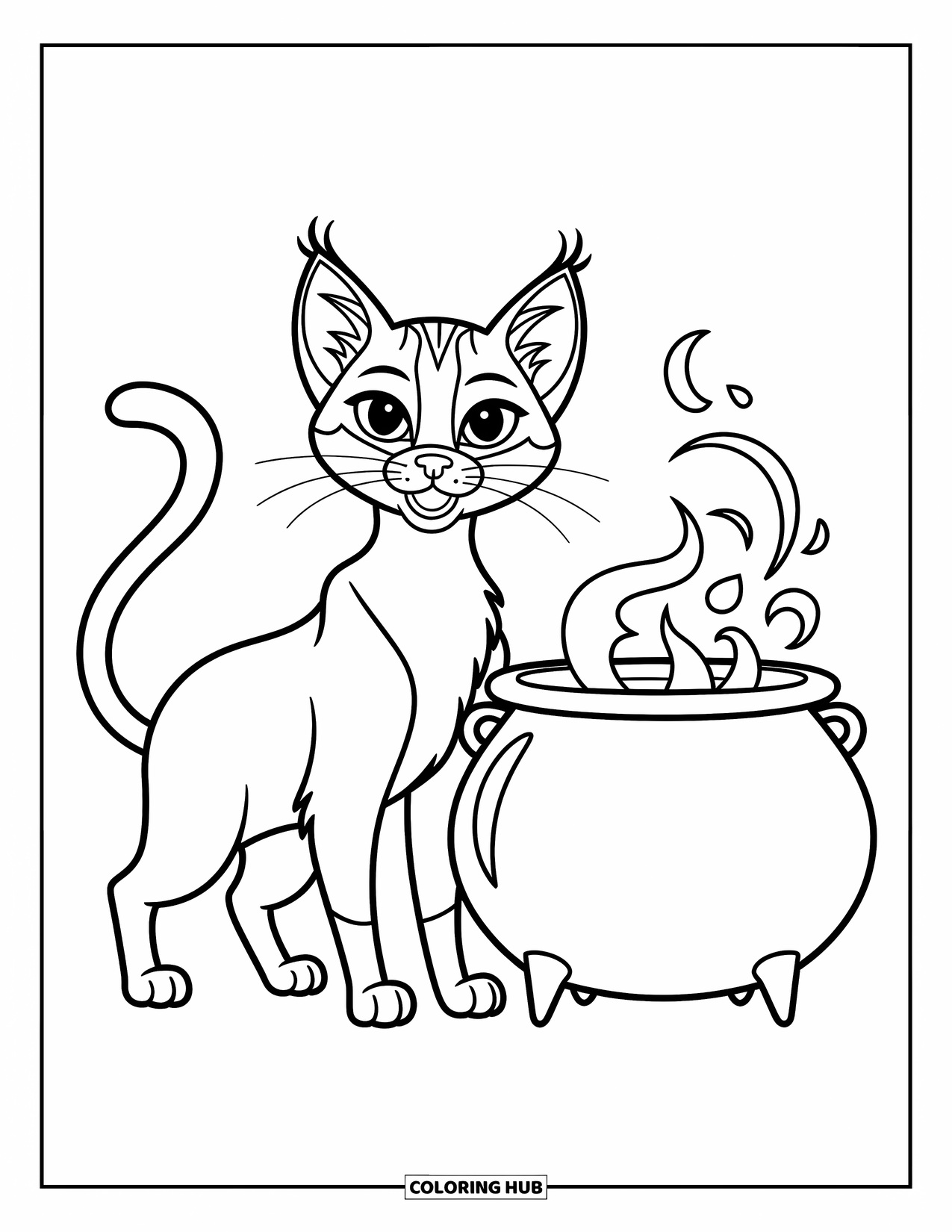 Dibujo de gato para colorear para niños: Un gato elegante vigila un caldero, su forma elegante delineada en líneas nítidas, modernas y dinámicas