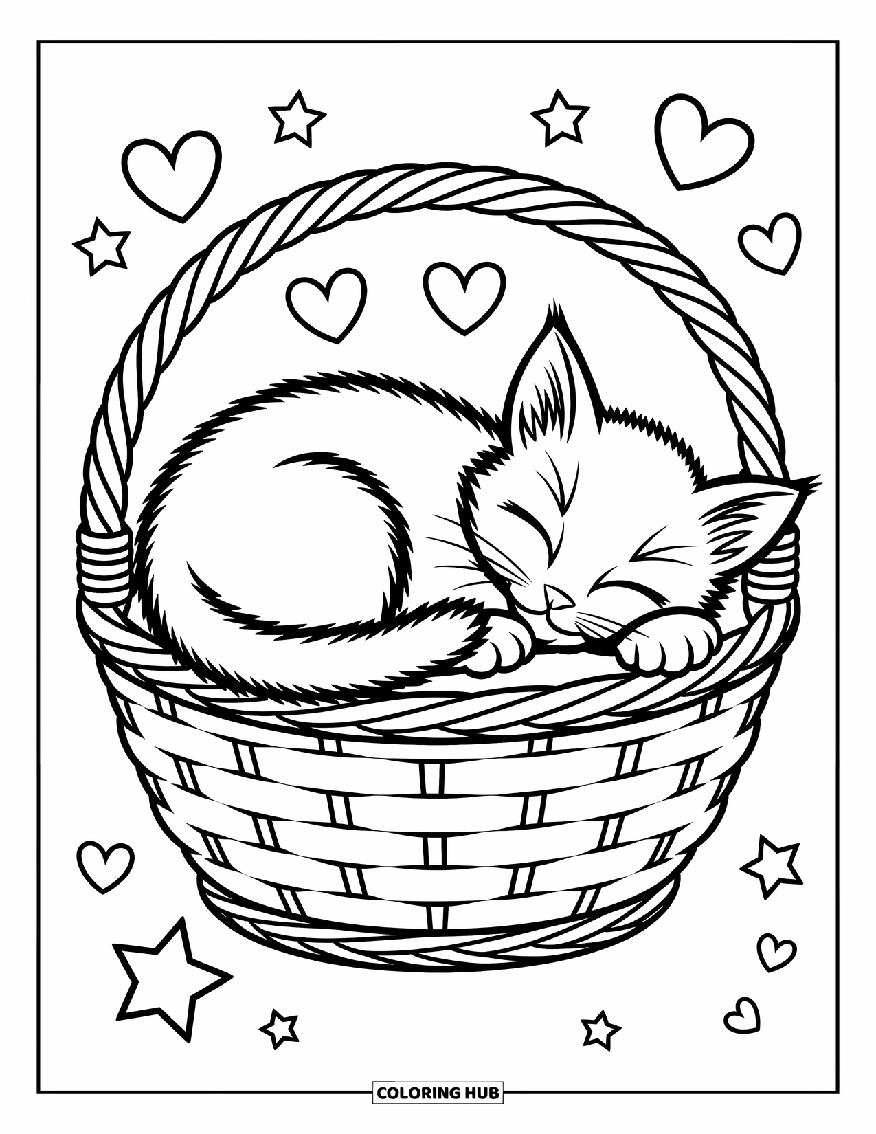 Dibujo de gato para colorear para niños: Un gatito dormido se acurruca dentro de una cesta, su cola envuelta alrededor de sí mismo