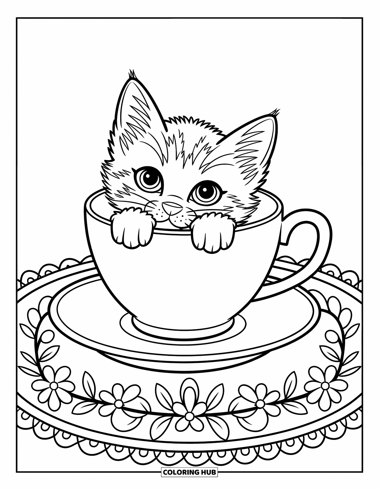 Dibujo de gato para colorear para niños: Un gatito somnoliento descansa dentro de una taza de té, con sus pequeñas orejas asomando