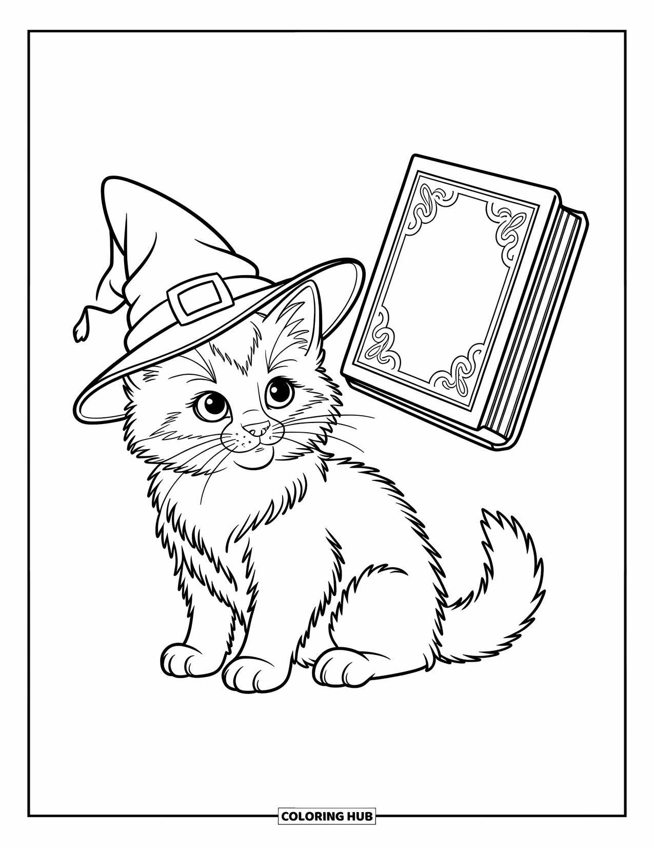 Dibujo de gato para colorear para niños: Un gatito diminuto se pone un sombrero de mago, mirando un libro mágico flotante con curiosidad