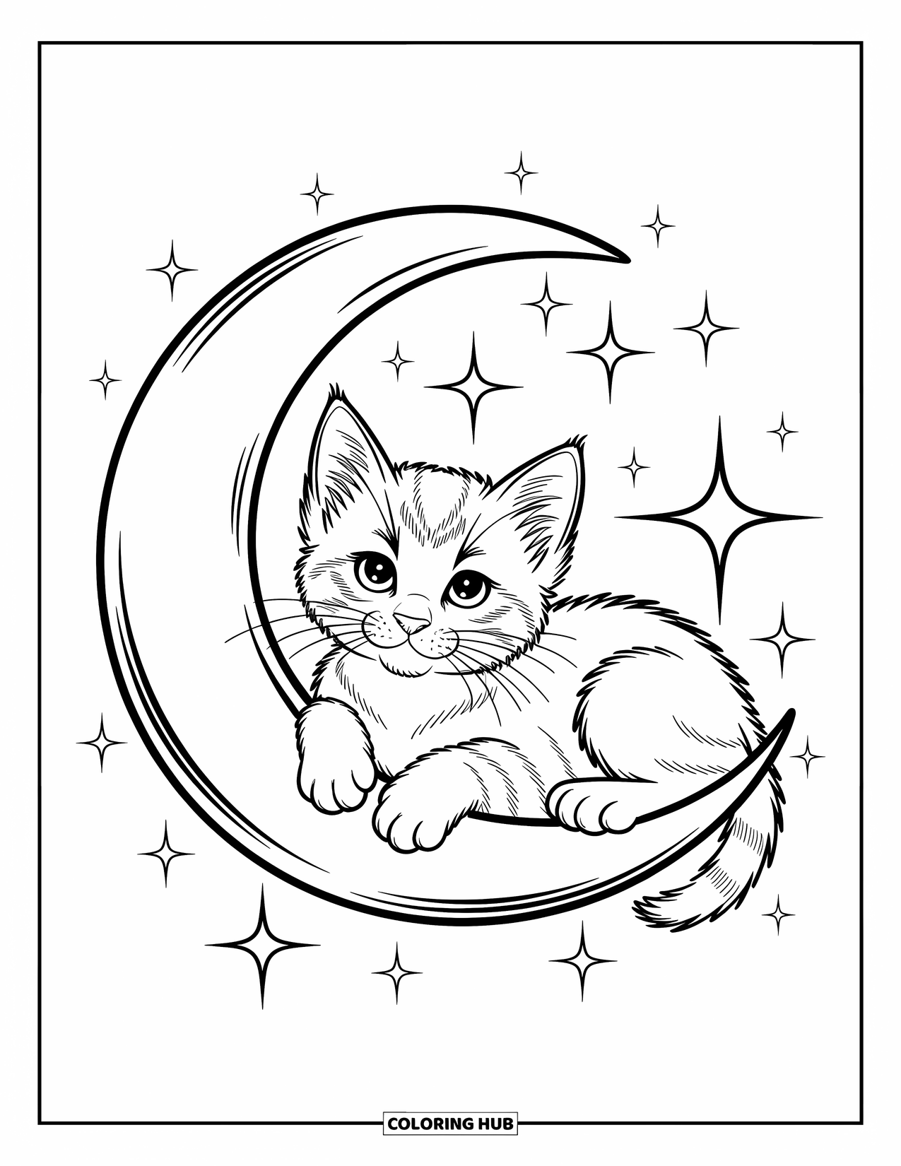 Dibujo de gato para colorear para niños: Un gatito diminuto duerme sobre una luna creciente, con estrellas suaves y brillantes que crean una atmósfera mágica nocturna