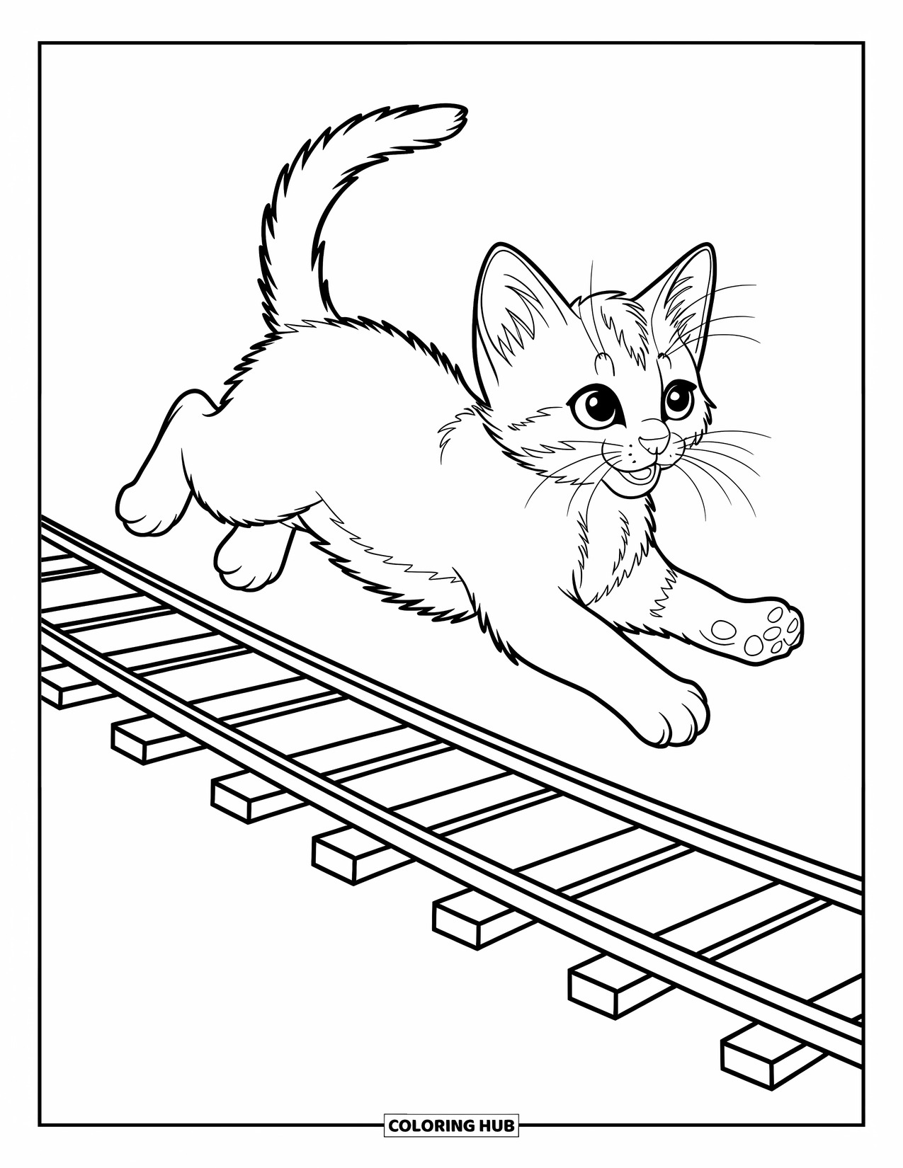 Dibujo de gato para colorear para niños: Un pequeño gatito salta sobre una vía de tren sinuosa, con su cola esponjosa arqueada juguetonamente