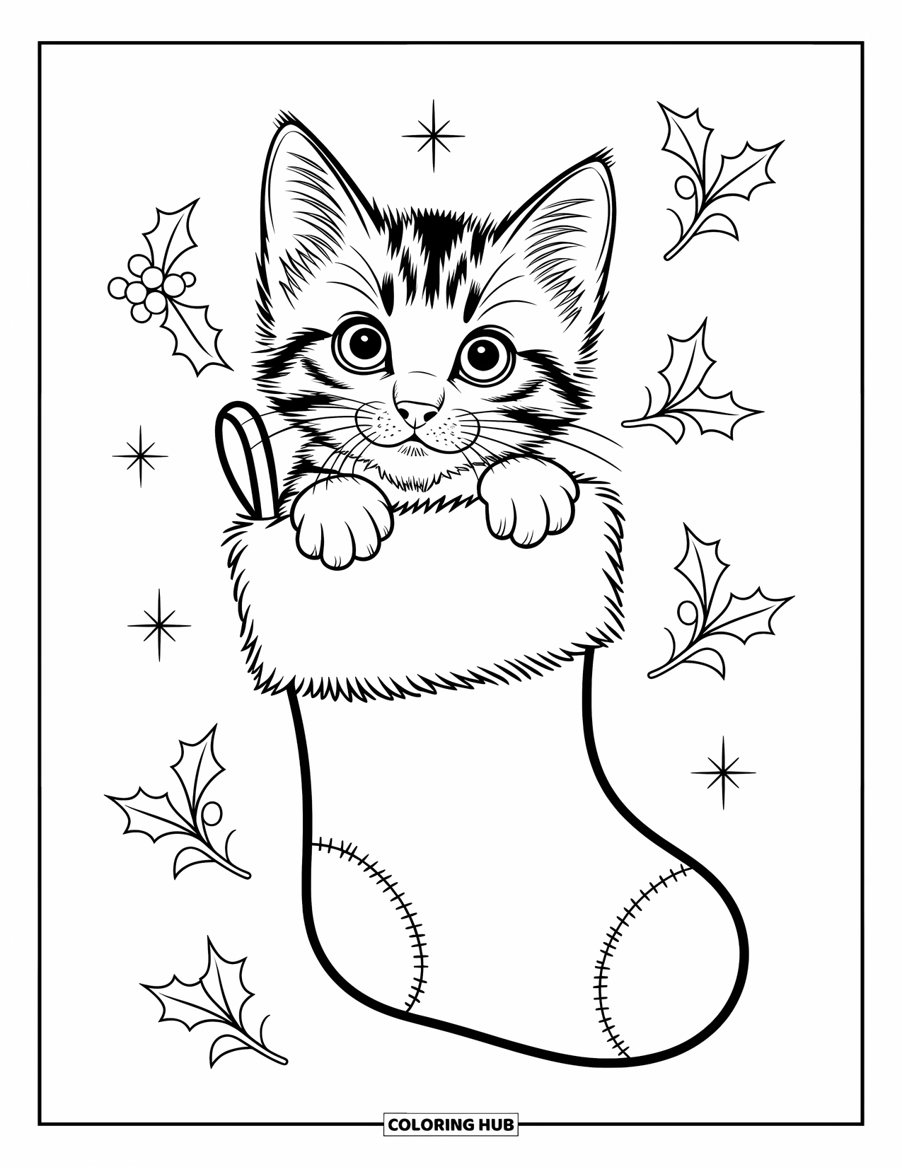 Dibujo de gato para colorear para niños: Un gatito diminuto asoma desde una media navideña, rodeado de estrellas festivas y patrones invernales arremolinados