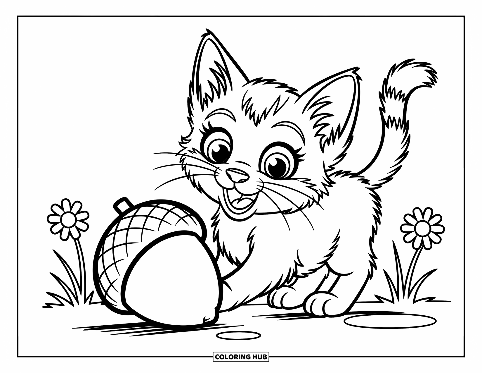 Dibujo de gato para colorear para niños: Un pequeño gatito juega con una bellota rodante, enmarcado por hojas de hierba simples y hojas caídas