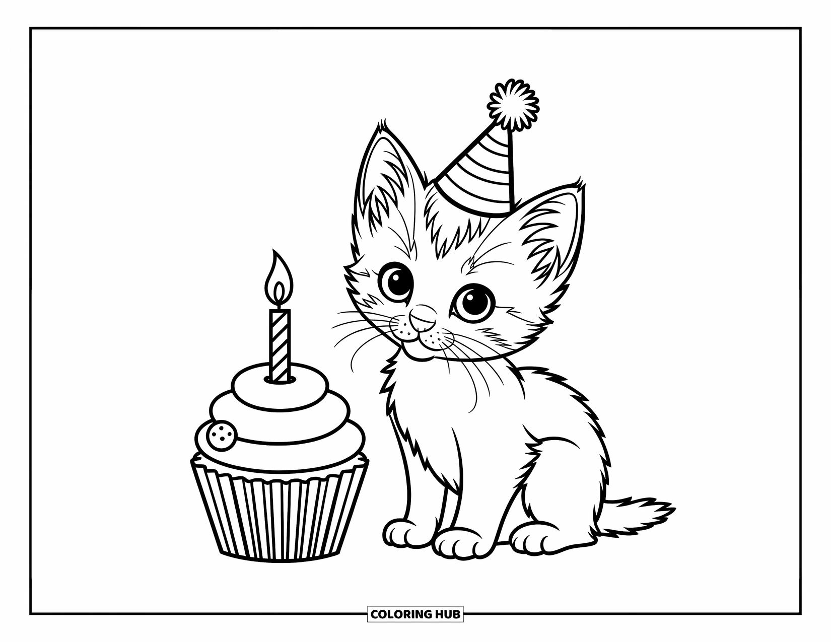 Dibujo de gato para colorear para niños: Un pequeño gatito se sienta junto a un cupcake, con un pequeño gorro de fiesta