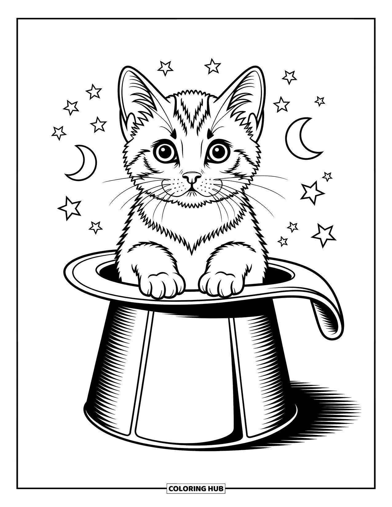 Dibujo de gato para colorear para niños: Un pequeño gatito se sienta dentro del sombrero de un mago, con sus ojos grandes llenos de asombro y curiosidad juguetona