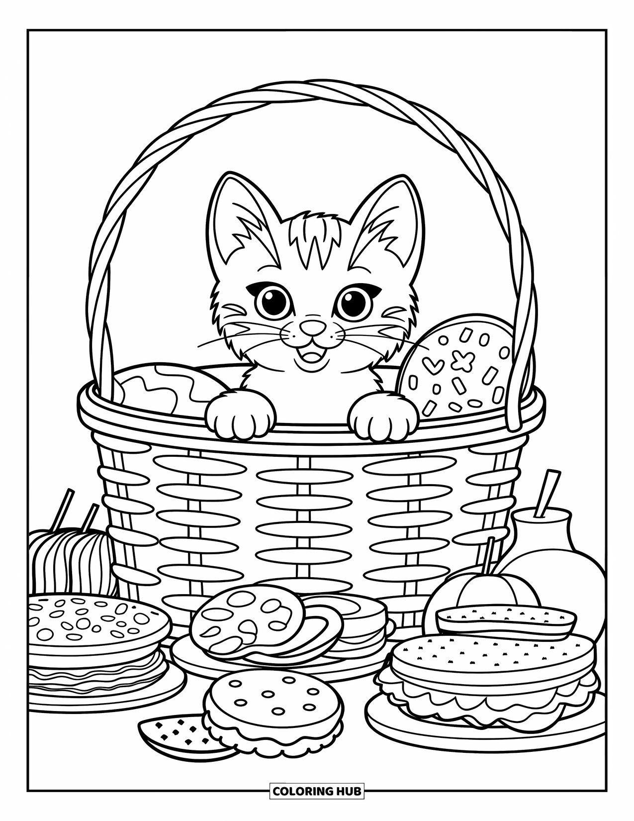 Dibujo de gato para colorear para niños: Un pequeño gatito se sienta dentro de una cesta de picnic, rodeado de bocadillos simples como sándwiches y fruta