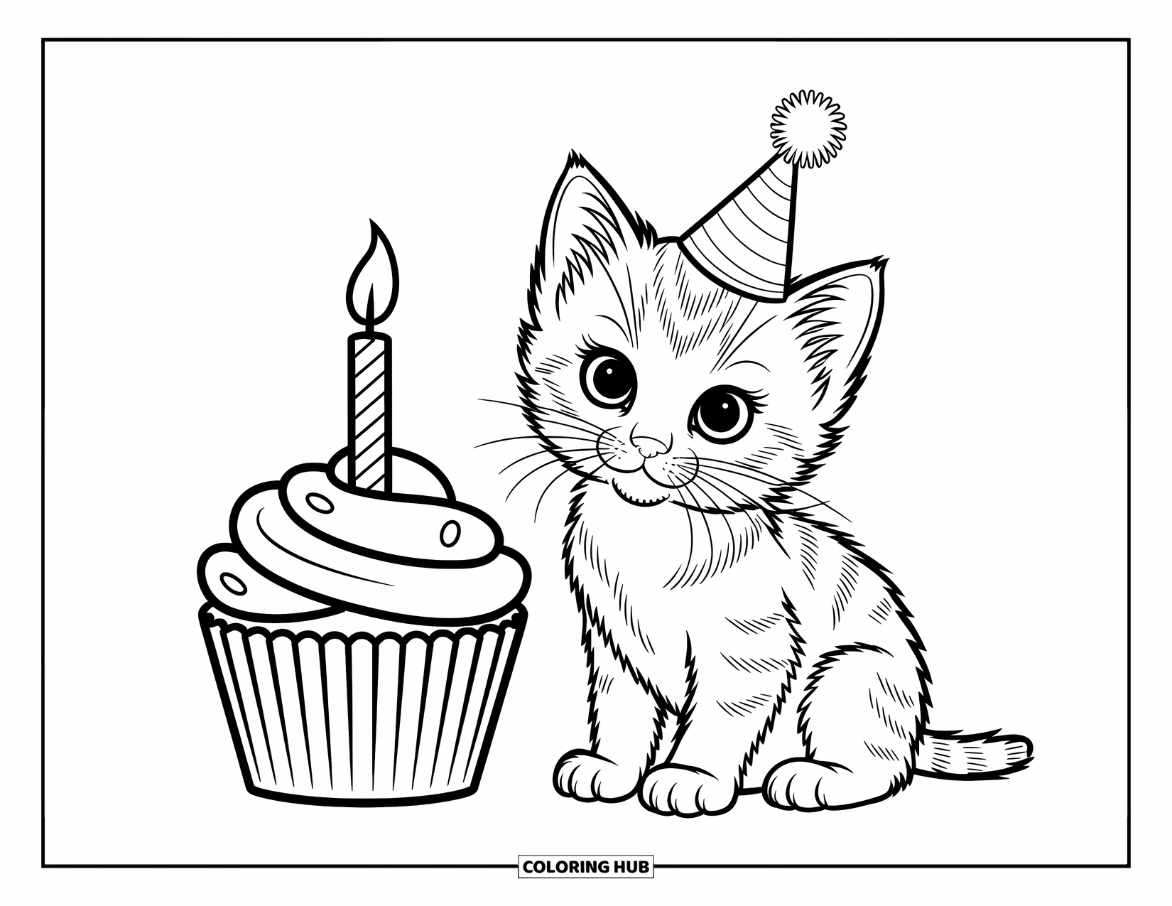 Dibujo de gato para colorear para niños: Un pequeño gatito se sienta junto a un cupcake con una vela encendida, luciendo curioso