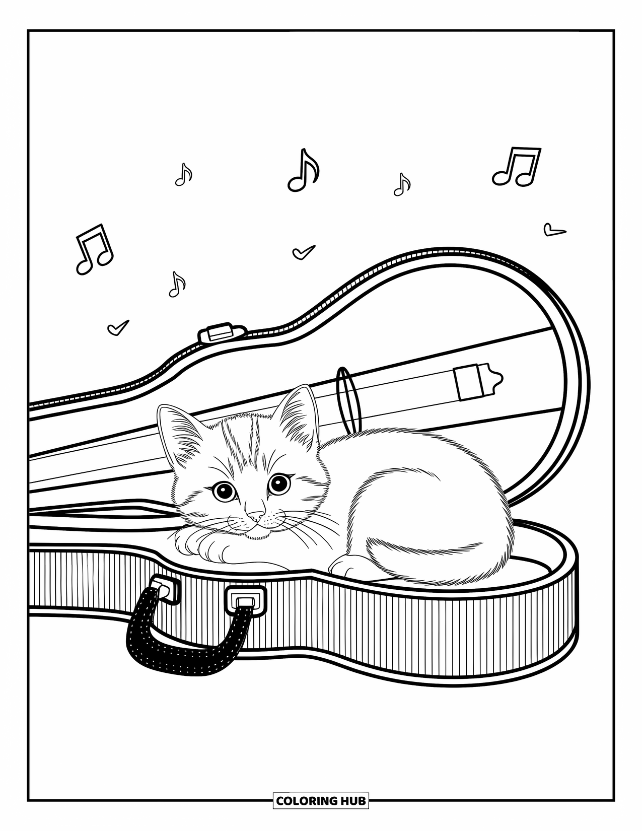 Dibujo de gato para colorear para niños: Un gatito diminuto duerme dentro de una funda de violín abierta, enmarcado por elementos musicales expresivos y fluidos