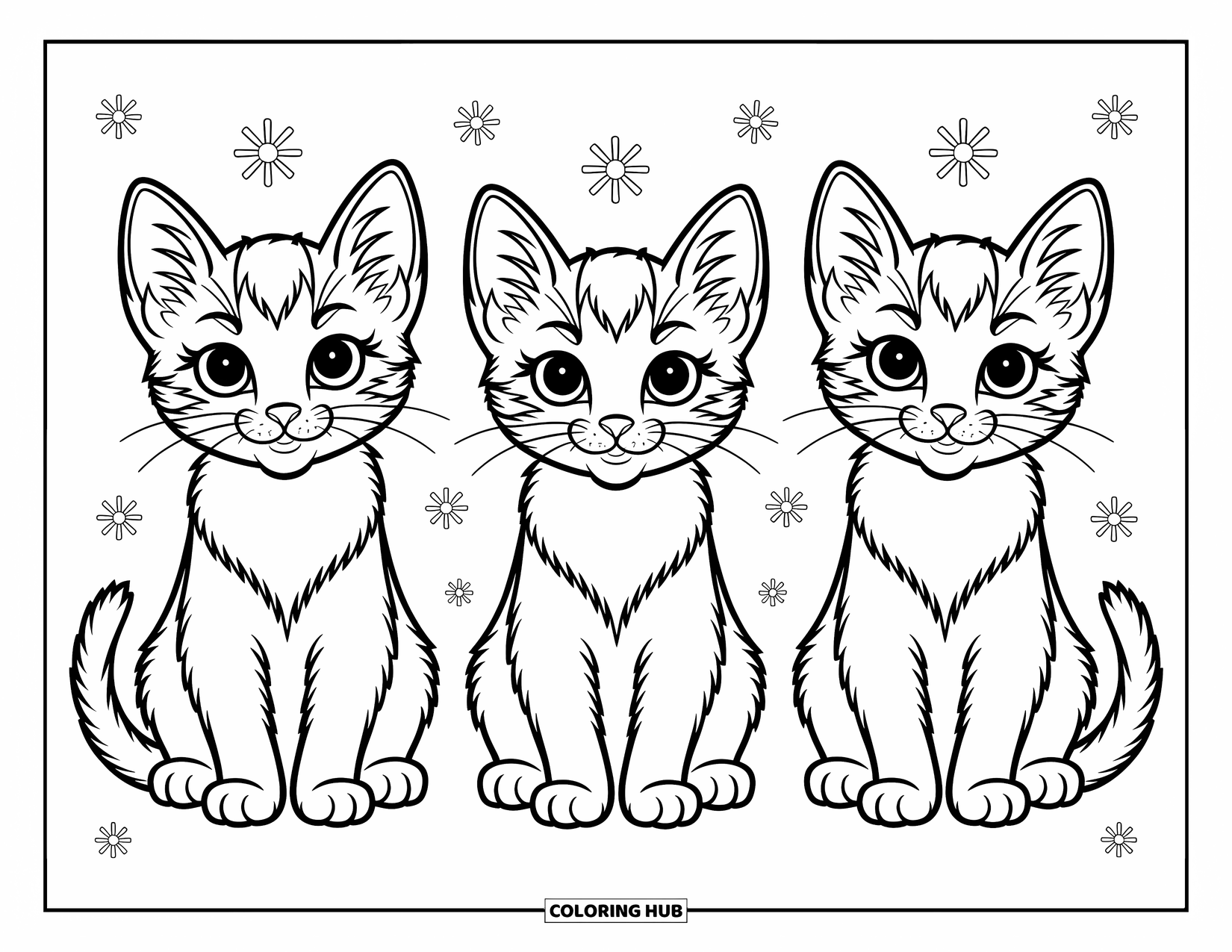 Dibujo de gato para colorear para niños: Tres gatitos adorables se sientan en una fila, cada uno con expresiones únicas y bigotes juguetones