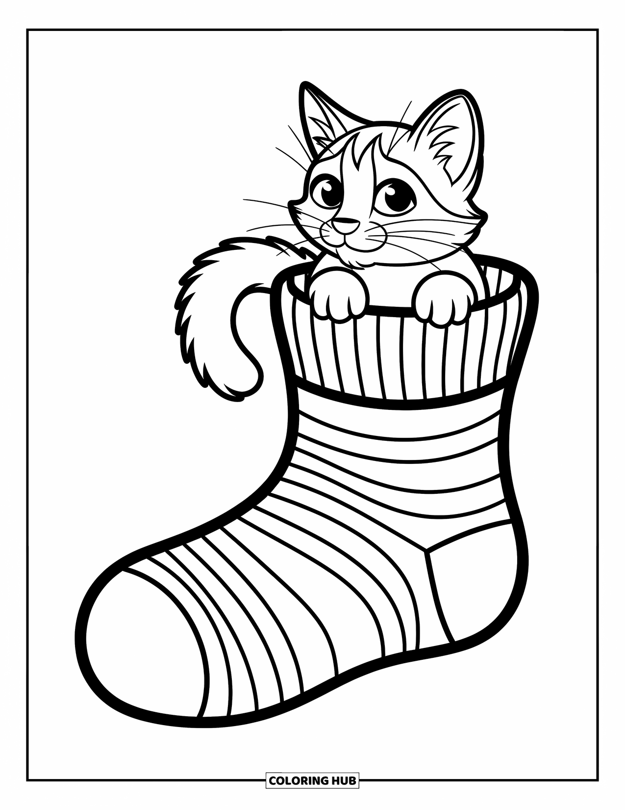 Dibujo de gato para colorear para niños: Tres gatitos se sientan en una fila, sus ojos curiosos y pequeñas patas creando una escena conmovedora
