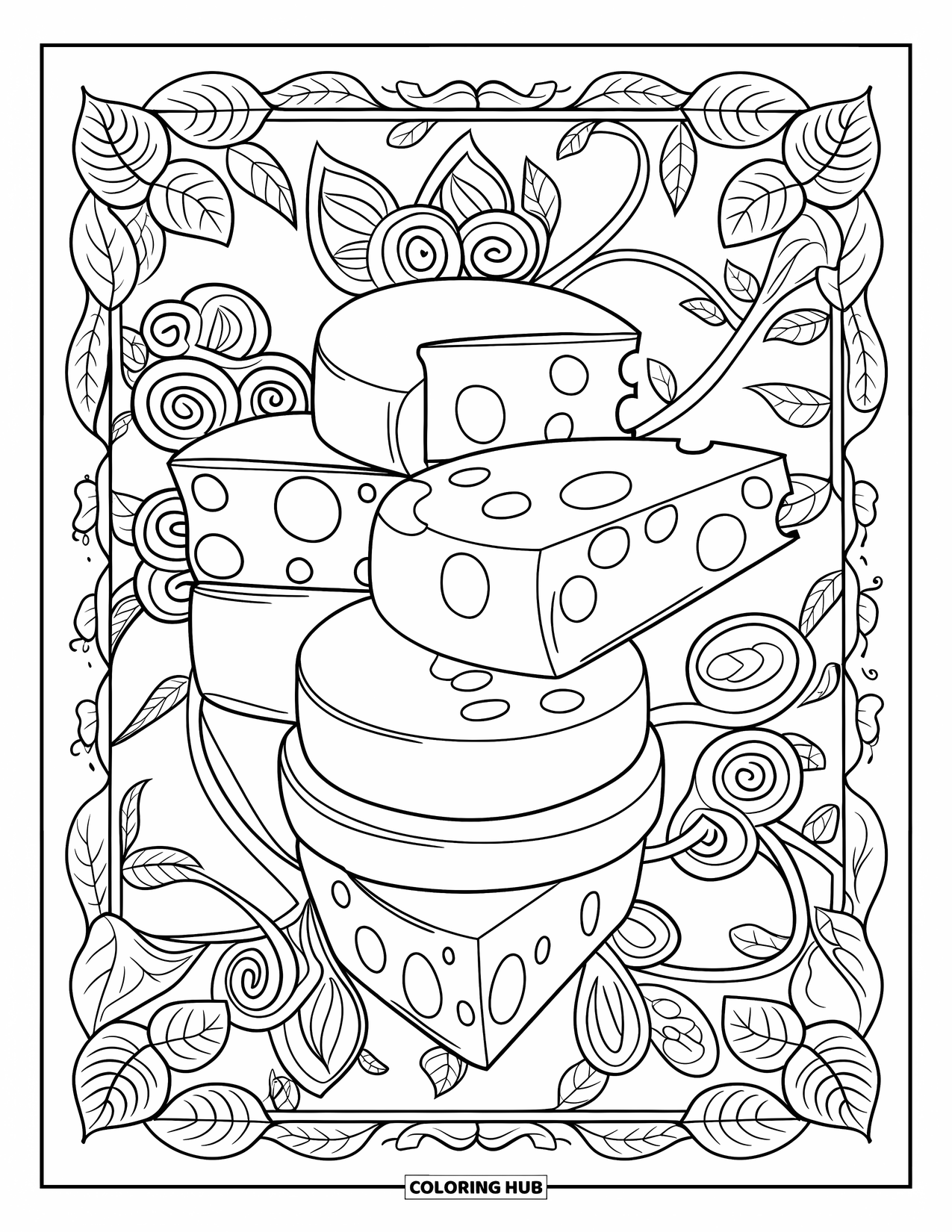 Kaas Kleurplaat voor Volwassenen: Een prachtig gedetailleerde mandala met kaaspatronen, elegante wervelingen en ingewikkelde decoratieve accenten