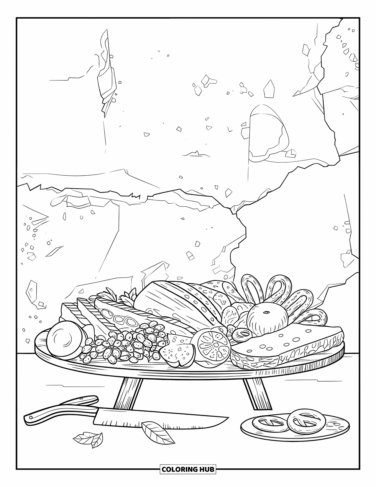 Kaas Kleurplaat voor Volwassenen: Een heerlijk gearrangeerde charcuterieplank met vleeswaren, kazen, noten en fruit, omlijst door patronen
