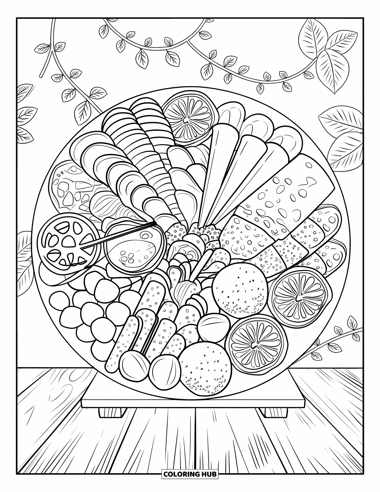 Kaas Kleurplaat voor Volwassenen: Een gedetailleerde charcuterieplank met diverse kazen, vleeswaren en verse ingrediënten op een rustiek oppervlak
