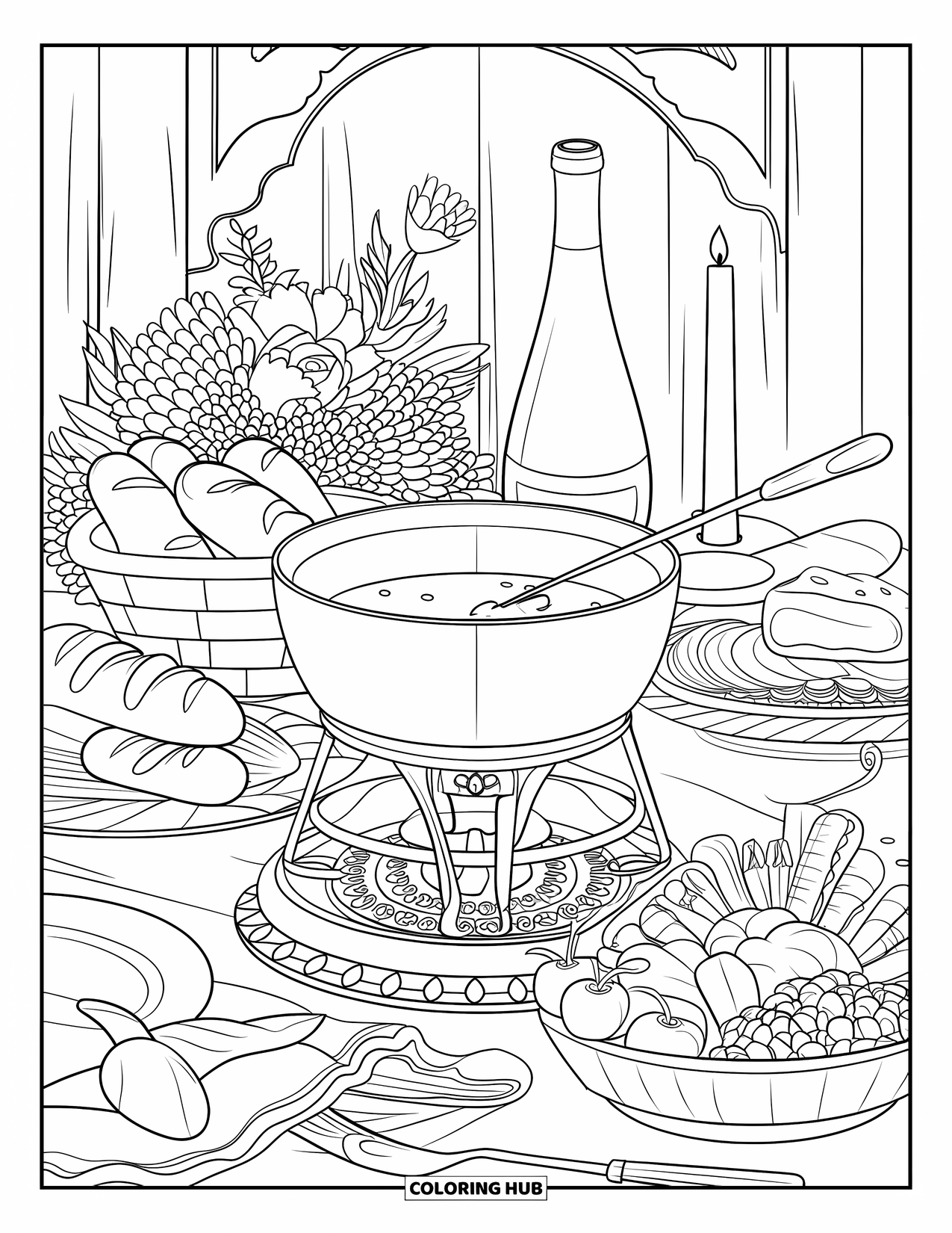 Kaas Kleurplaat voor Volwassenen: Een gedetailleerde kaasfondue opstelling met een stomende pan, verse ingrediënten en decoratieve accenten