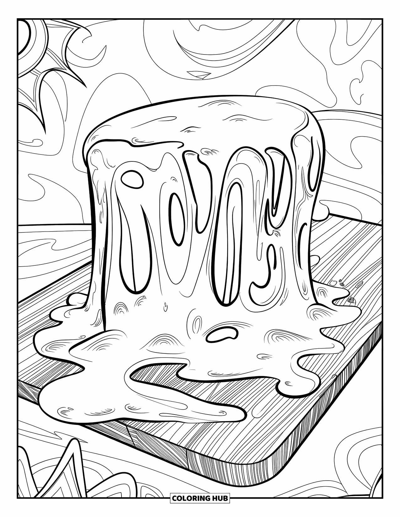 Kaas Kleurplaat voor Volwassenen: Een dramatische scène van smeltende kaas met artistieke druppels die op een houten plank vloeien