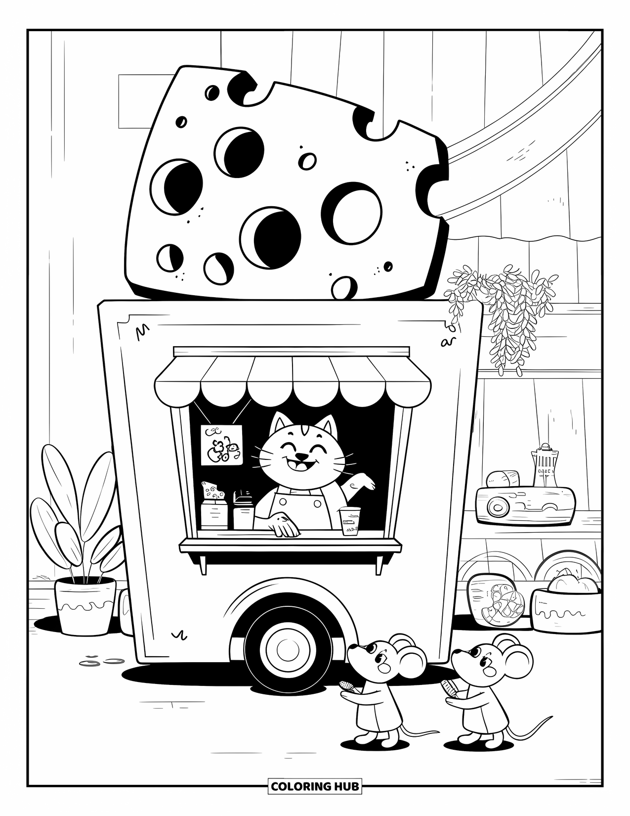 Kaas Kleurplaat voor Volwassenen: Een vrolijke kattenkok serveert muizen vanuit een foodtruck met kaas thema in een gezellige omgeving