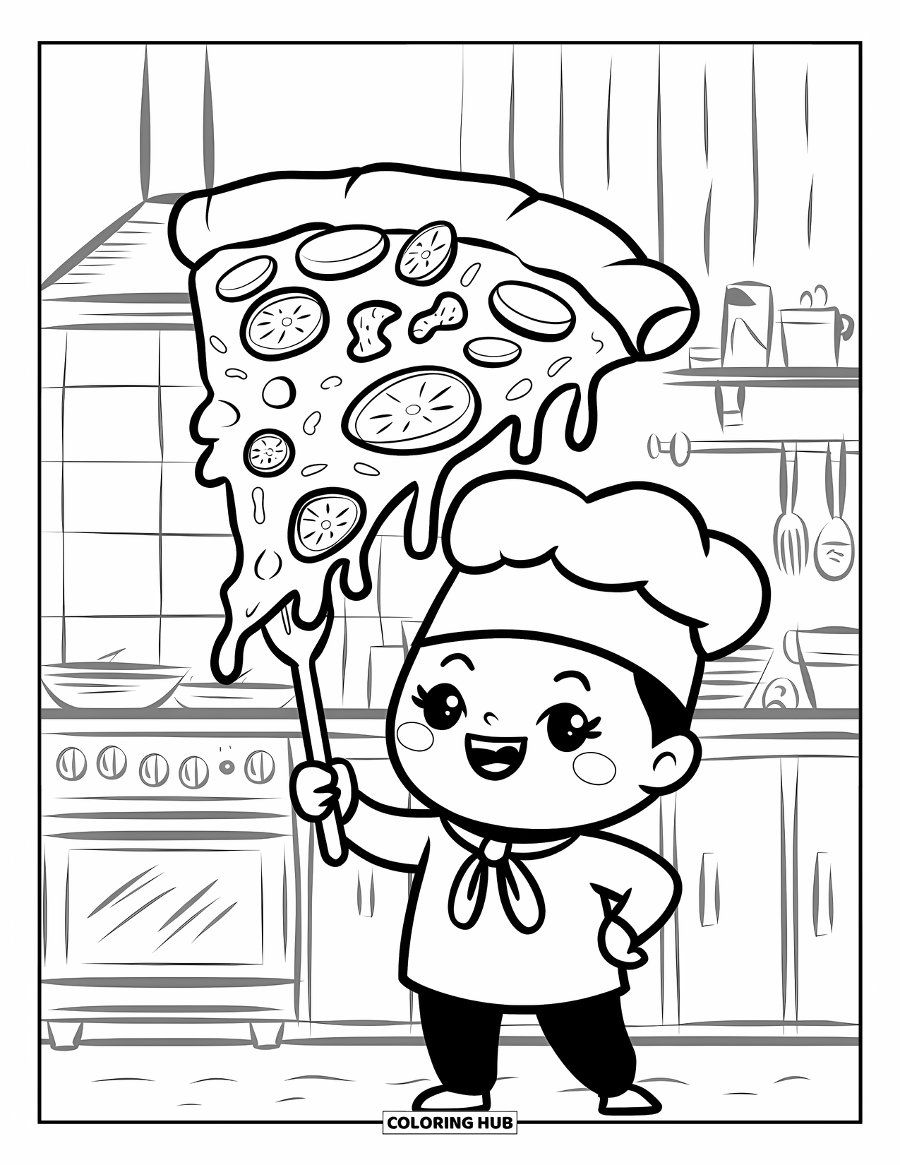 Kaas Kleurplaat voor Volwassenen: Een vrolijke kok presenteert een gigantische pizzapunt met kleverige kaas en smakelijke toppings