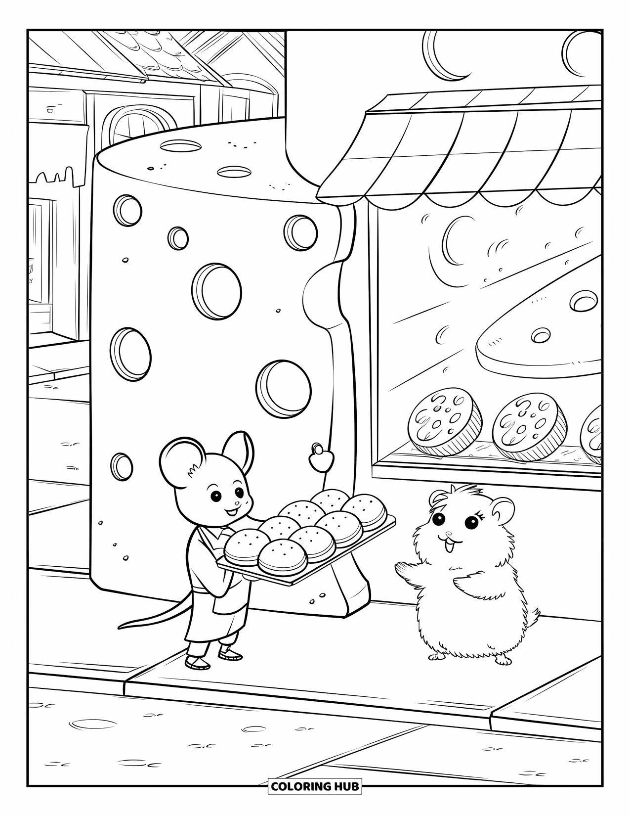Kaas Kleurplaat voor Volwassenen: Een muizenbakker serveert kaasbroodjes aan een pluizige hamster in een kaasvormige bakkerij