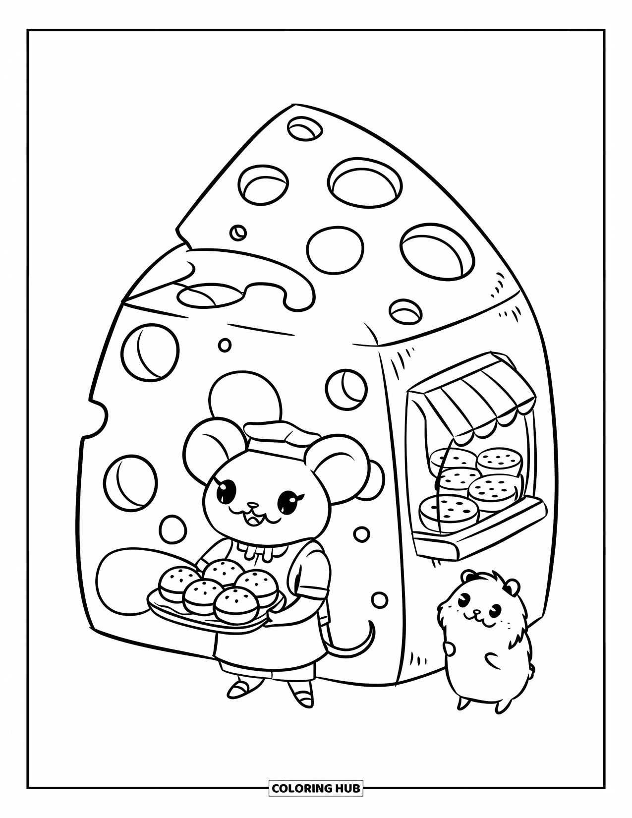 Kaas Kleurplaat voor Volwassenen: Een muizenbakker met kaasbroodjes serveert een pluizige hamster in een kaasvormige bakkerij