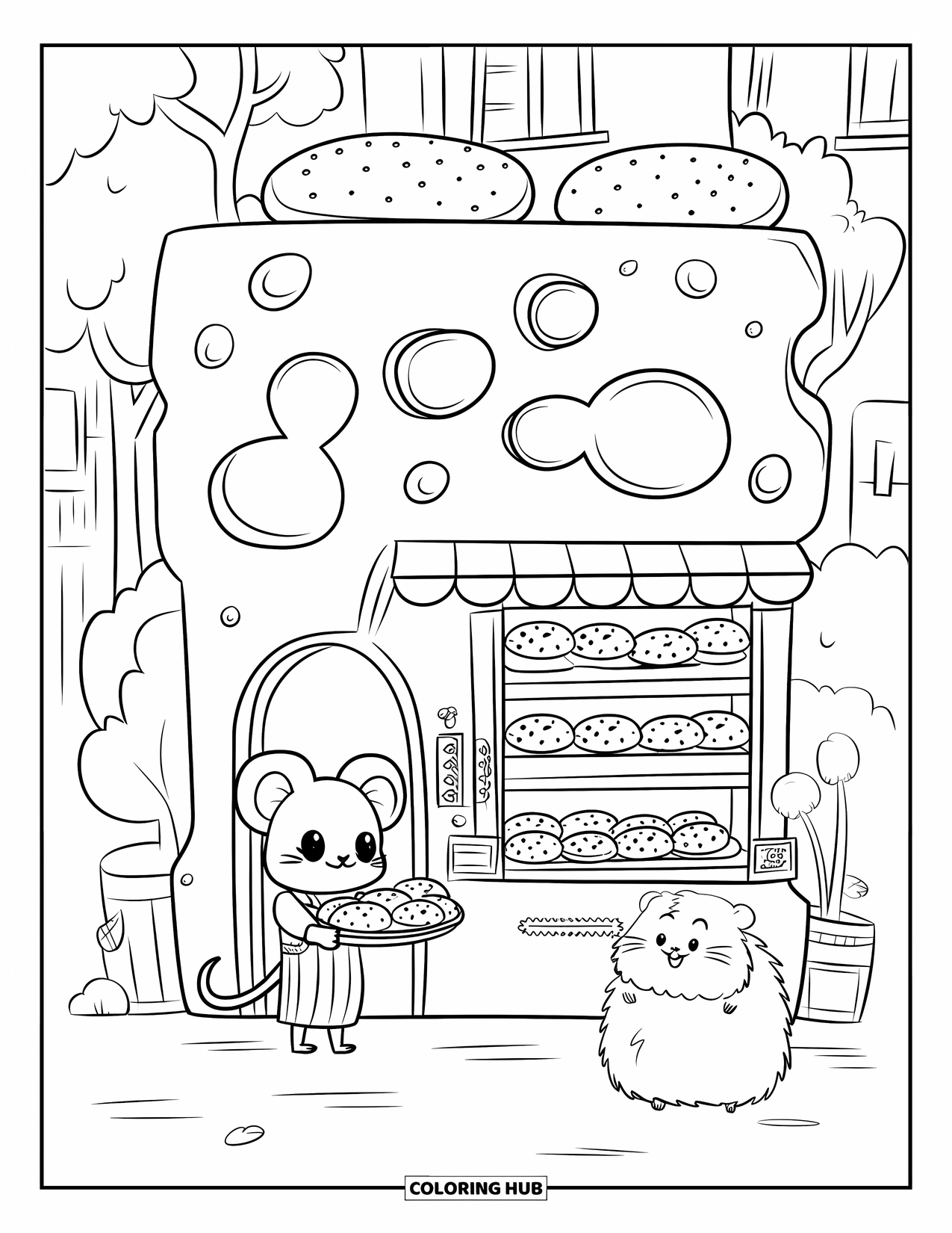 Kaas Kleurplaat voor Volwassenen: Een muizenbakker met kaasbroodjes serveert een pluizige hamster in een gezellige kaasvormige bakkerij