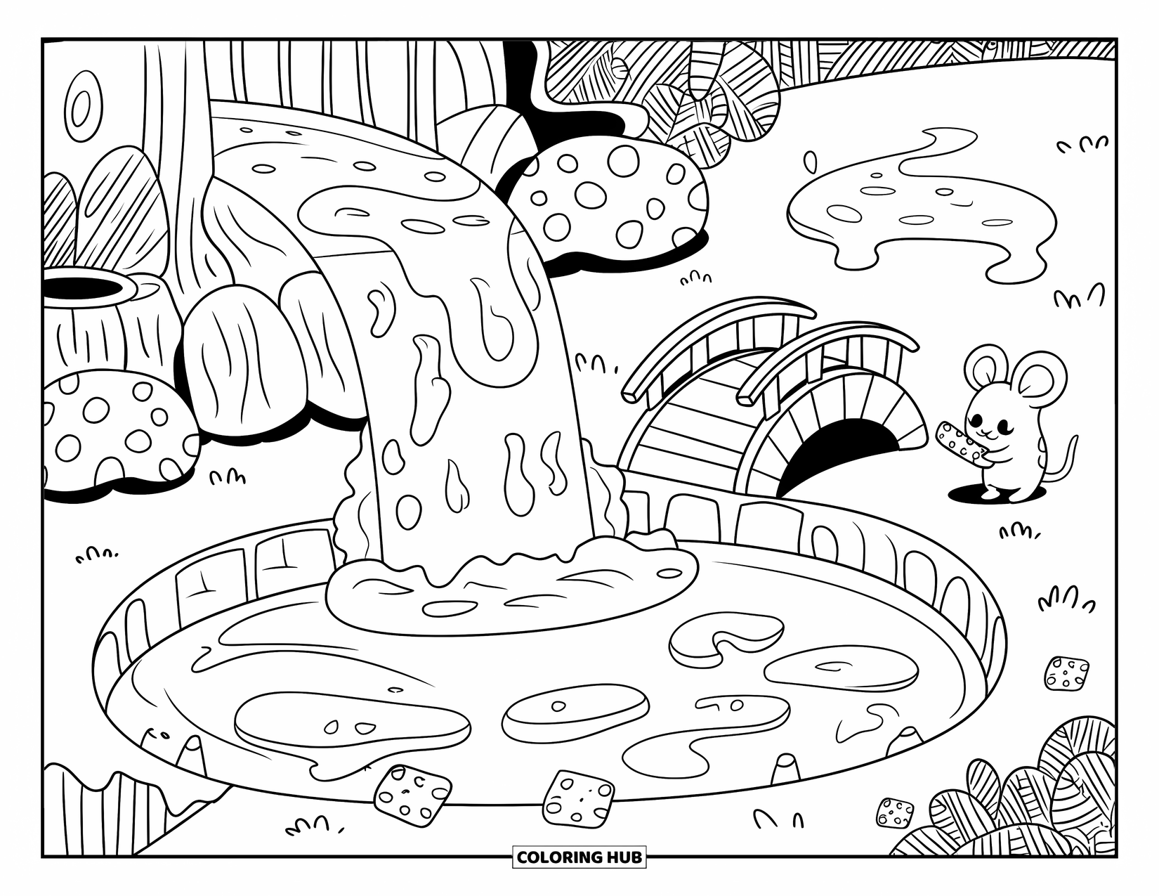 Kaas Kleurplaat voor Volwassenen: Een muis vist met een crackerhengel bij een kaaswaterval die in een klein vijvertje stroomt