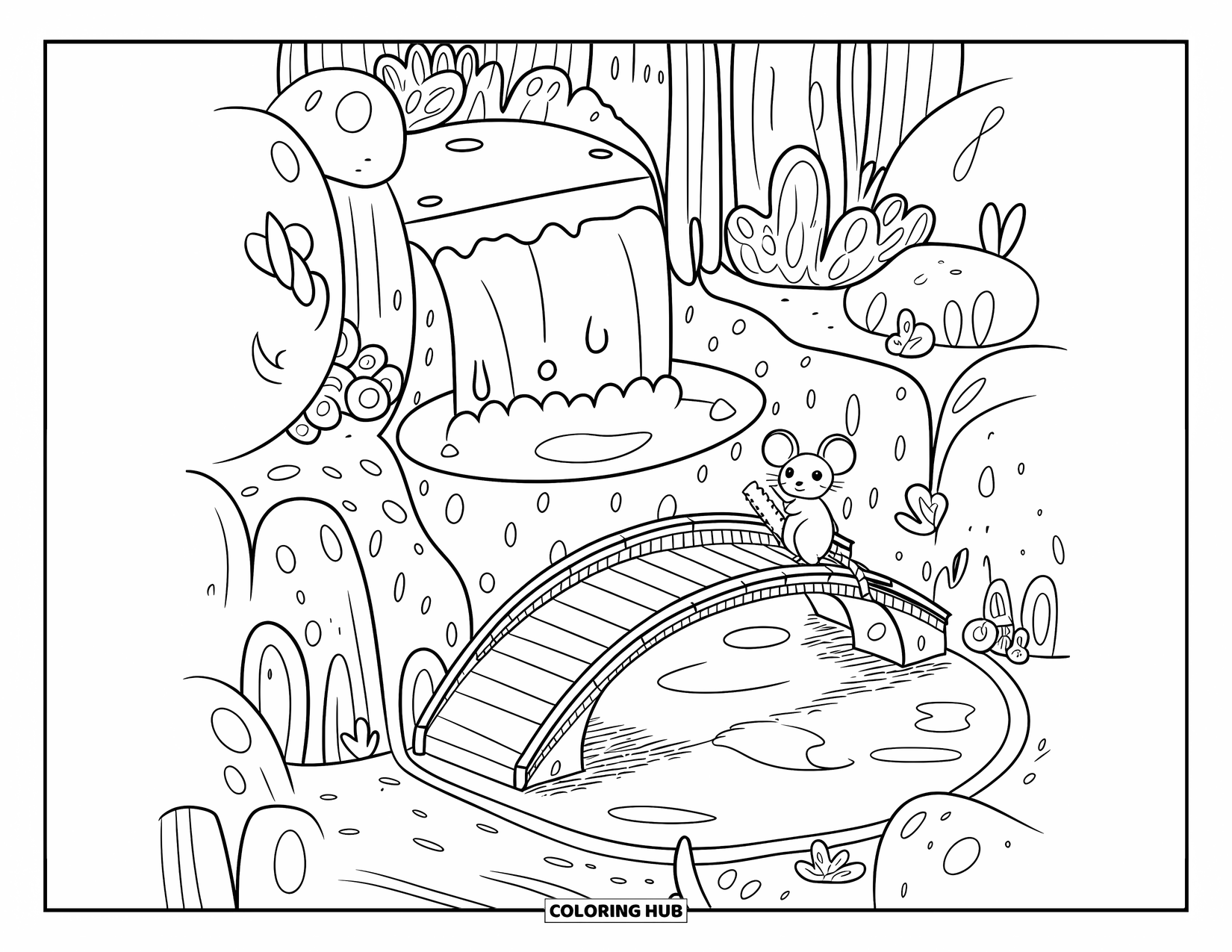 Kaas Kleurplaat voor Volwassenen: Een muis met een crackerhengel staat bij een kaaswaterval die in een klein vijvertje stroomt