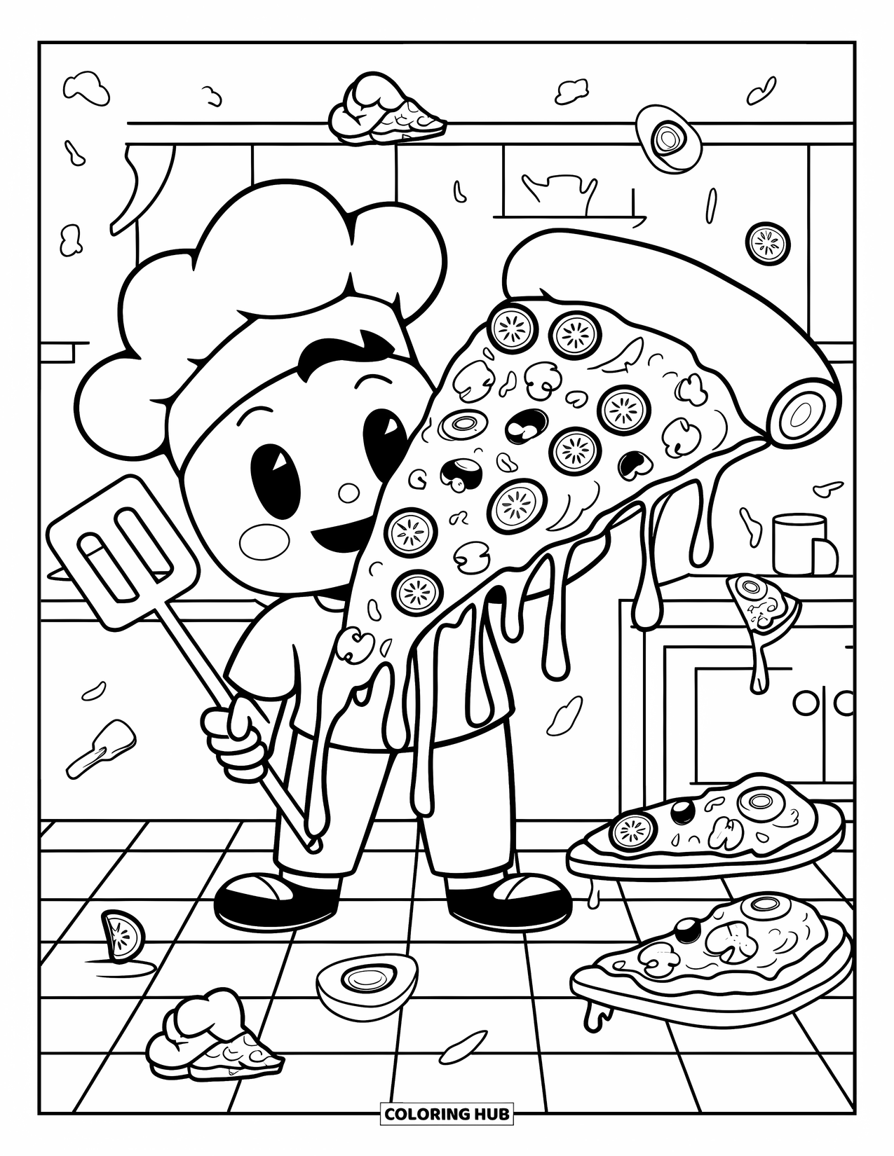 Kaas Kleurplaat voor Volwassenen: Een trotse kok presenteert een gigantische pizzapunt met kleverige kaas en speelse details