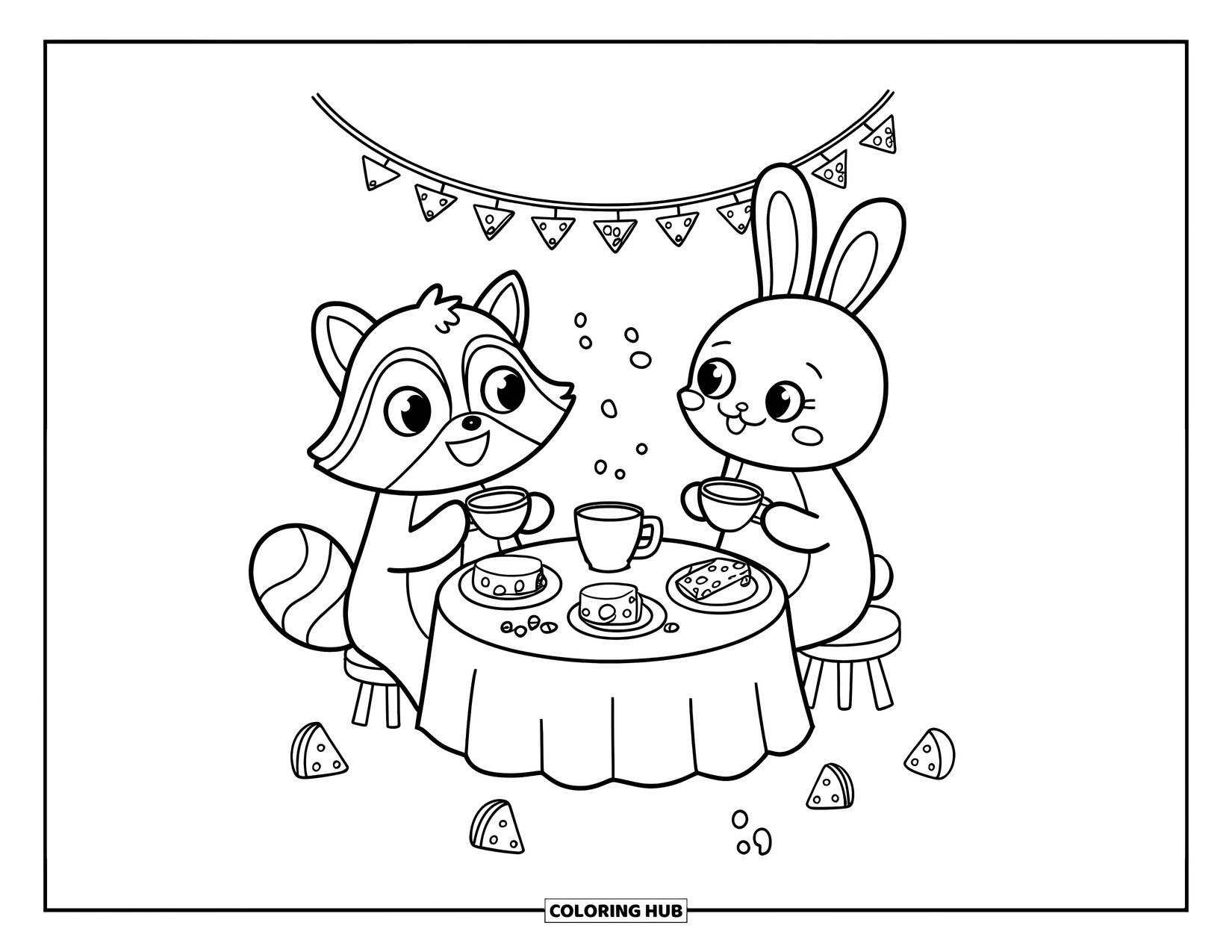 Kaas Kleurplaat voor Volwassenen: Een wasbeer en een konijn delen thee en snacks aan een ronde tafel met kaasbanners
