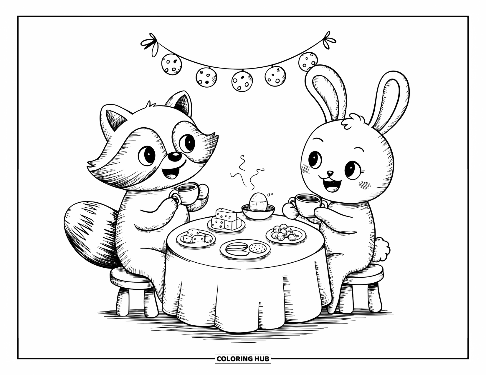Kaas Kleurplaat voor Volwassenen: Een wasbeer en een konijn drinken thee aan een tafel met kaas en fruit