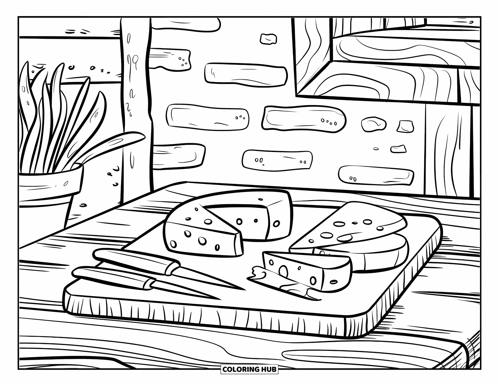 Kaas Kleurplaat voor Volwassenen: Een rustieke keukenscène met een snijplank, kaasmessen en een selectie kazen