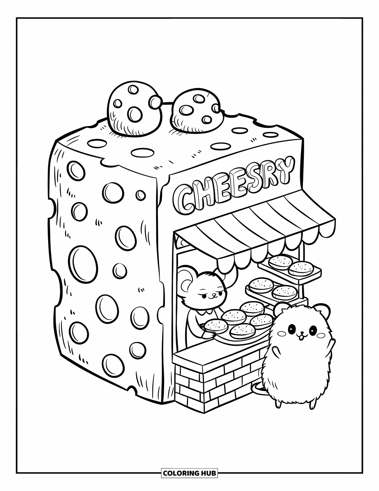 Kaas Kleurplaat voor Volwassenen: Een kleine muizenbakker serveert kaasbroodjes aan een pluizige hamster in een kaasvormige bakkerij